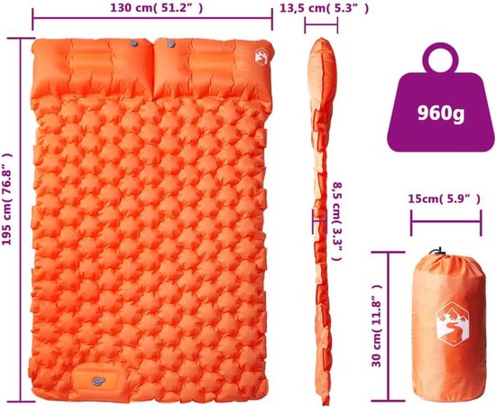 Zelfopblaasbaar Matras - Luchtbed Dubbel - Kamperen Outdoor - Inclusief Kussen - Waterdicht Duurzaam - Oranje — afbeelding 4
