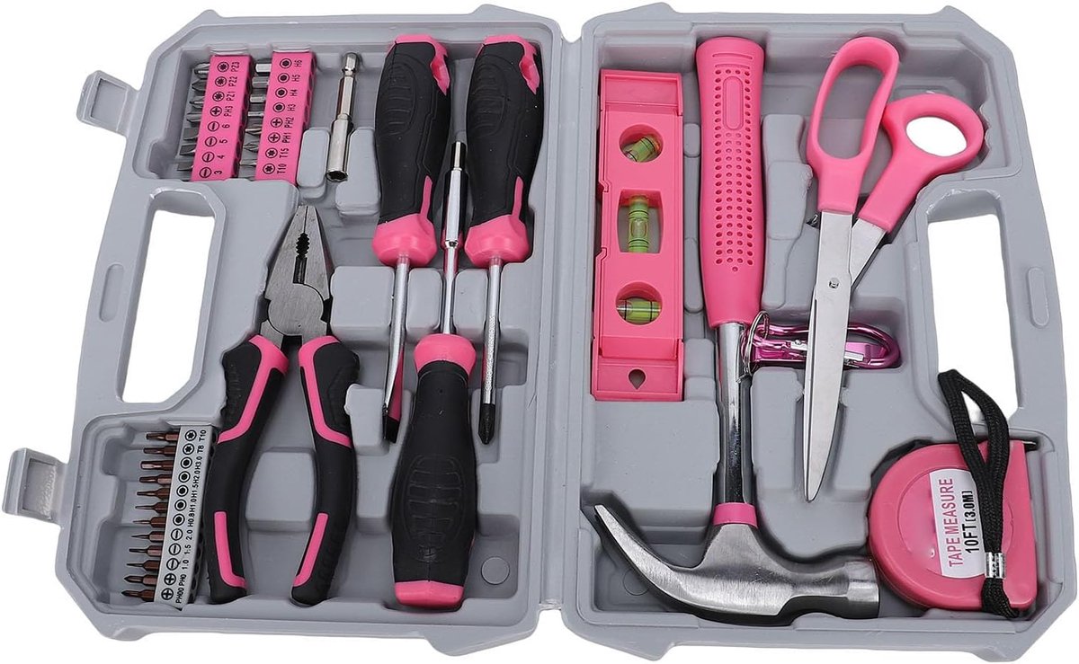 Huishoudelijke Gereedschapsset - Klusset voor thuis - Algemene reparaties - 40-delig assortiment - Compacte kist - Roze