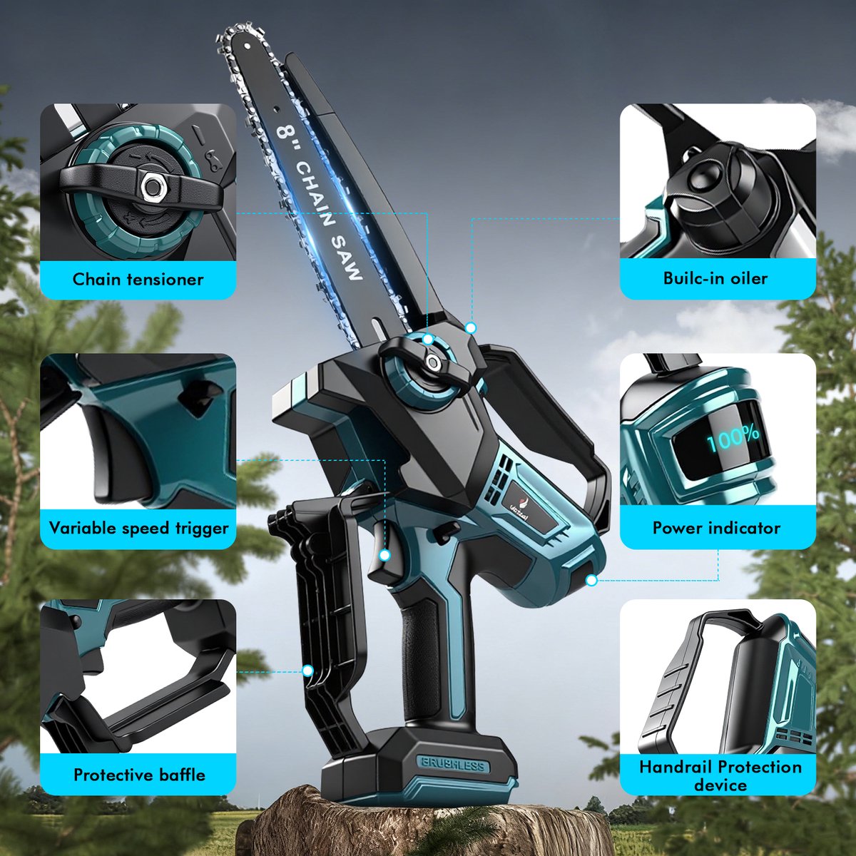 Mini Kettingzaag - 8 inch Kettingzaag voor Makita 18V accu - Batterij niet inbegrepen - Snoeizaag - Takkenzaag - Handzaag - automatische olieer - Automatische Kettingsmering - Brushless - Inclusief Opbergkoffer – foto 4