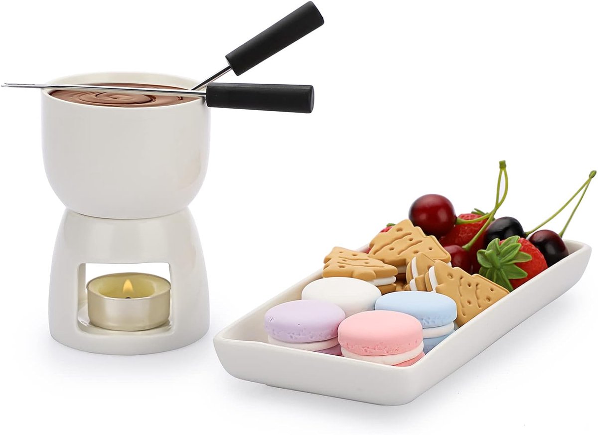 150 ml keramische boterwarmer set – Rechthoekig bord, mini fonduepan, 2 vorken