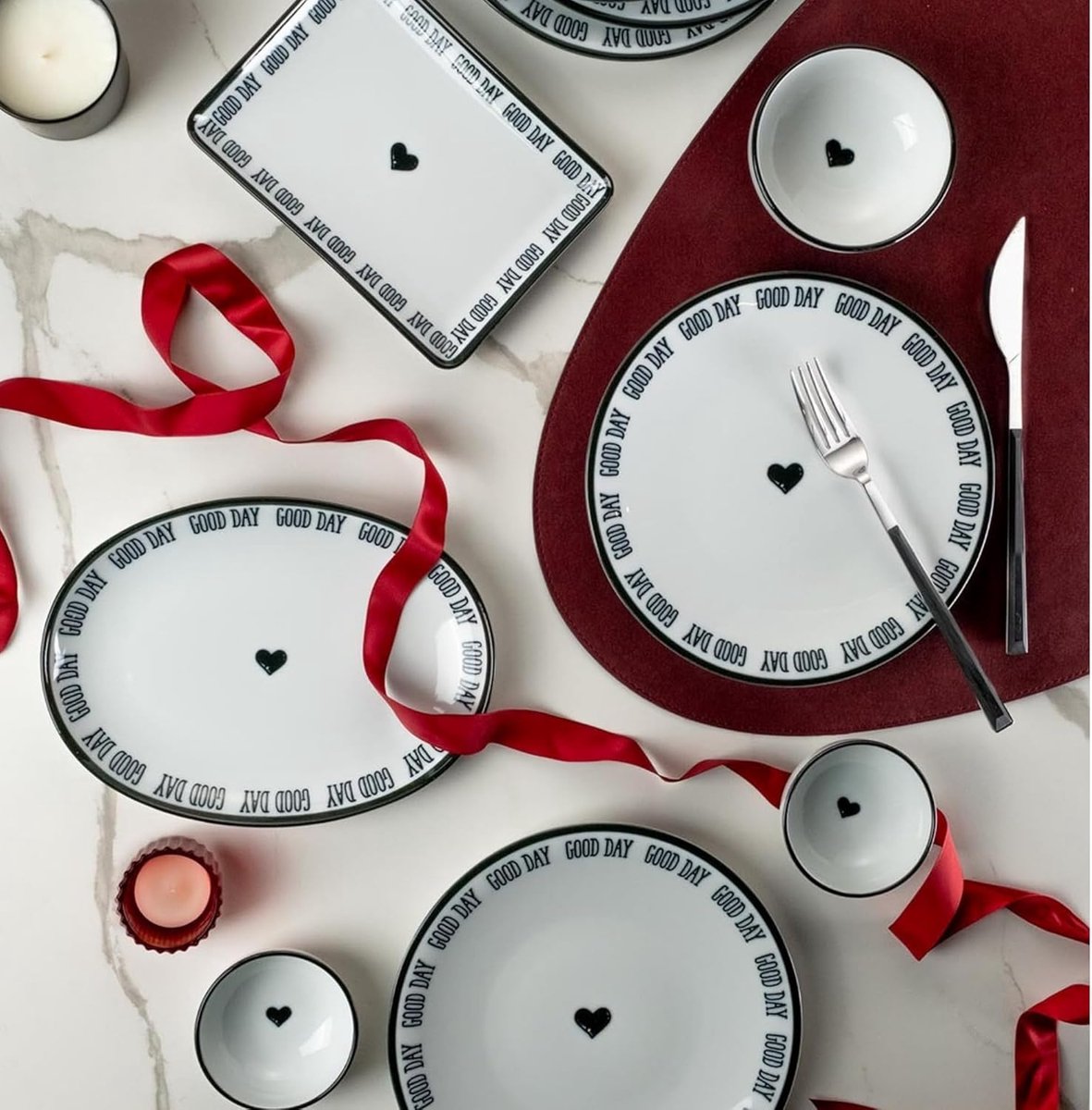 Servies Set - Ontbijtset Tafelservies - Dagelijks Gebruik - Modern Hartmotief - 14 Delig - Wit