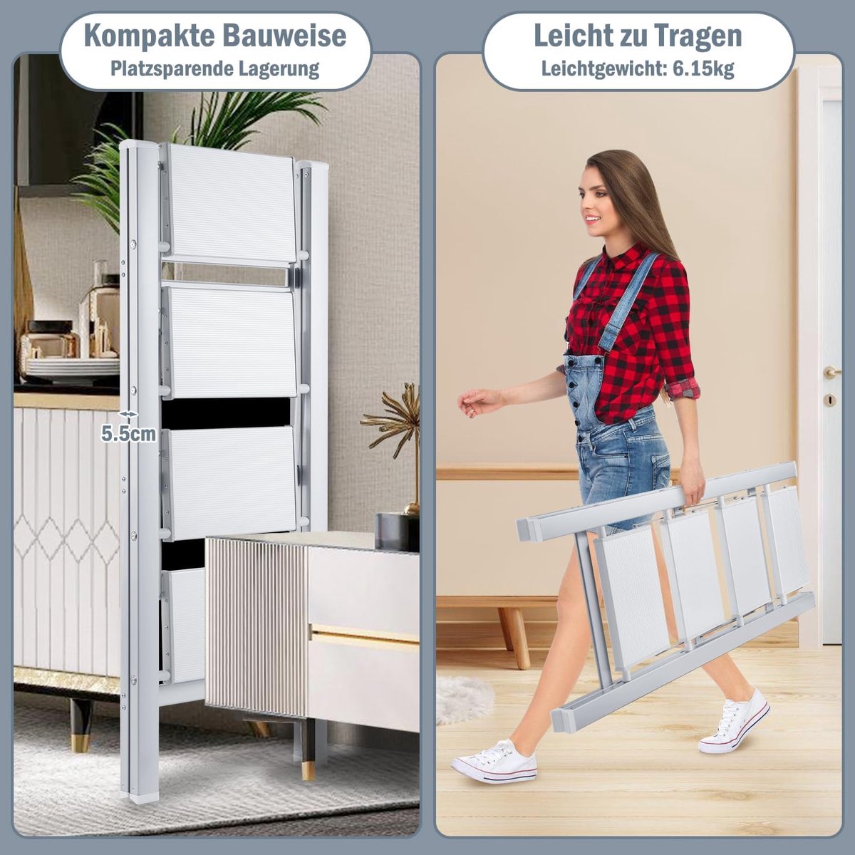 Opvouwbare ladder 4 Treden Keukentrap Inklapbaar - Anti-Slip - Trap Ladder Alu Wit – foto 5