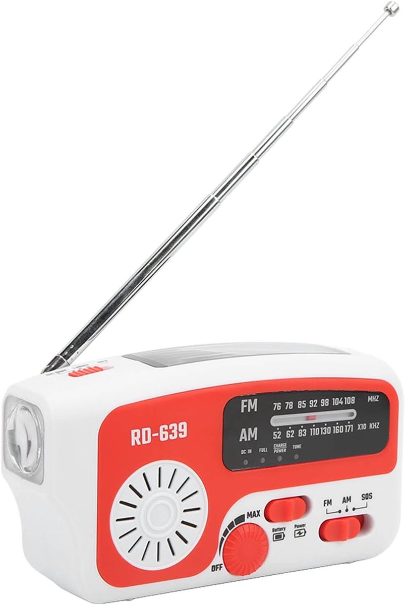 Noodradio Opwindbaar - Zonne-energie Radio - Buiten Activiteiten - 4 Oplaadmethoden - 16 x 10 x 6 cm - Wit Rood