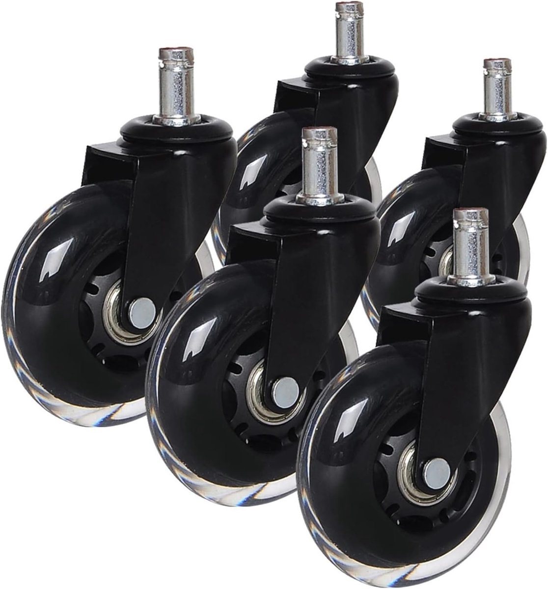 Stoelwielen Set - Zwenkwielen Rubber - Vloer Beschermen - Stalen Kern - 75 mm Diameter - Zwart
