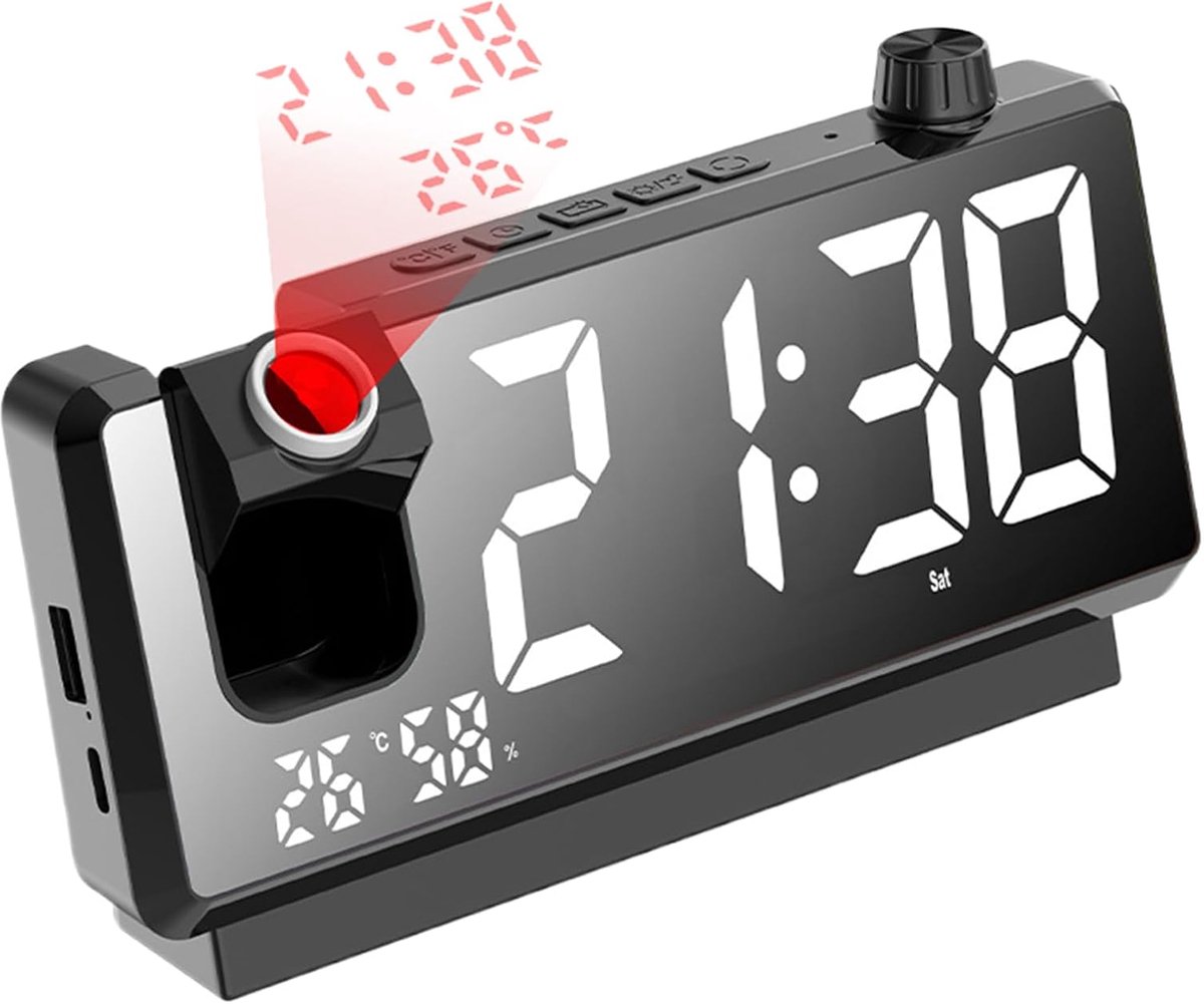 Projectiewekker - Tijd Projector - Nachtzicht - Draaibare Projectie - 18.6 cm Lengte - Zwart
