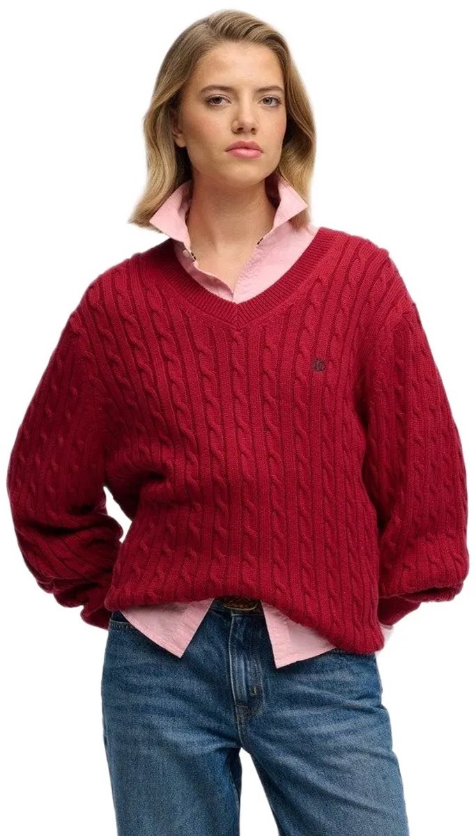 Superdry Oversized V-hals Kabeltrui Dames Sweaters Rood