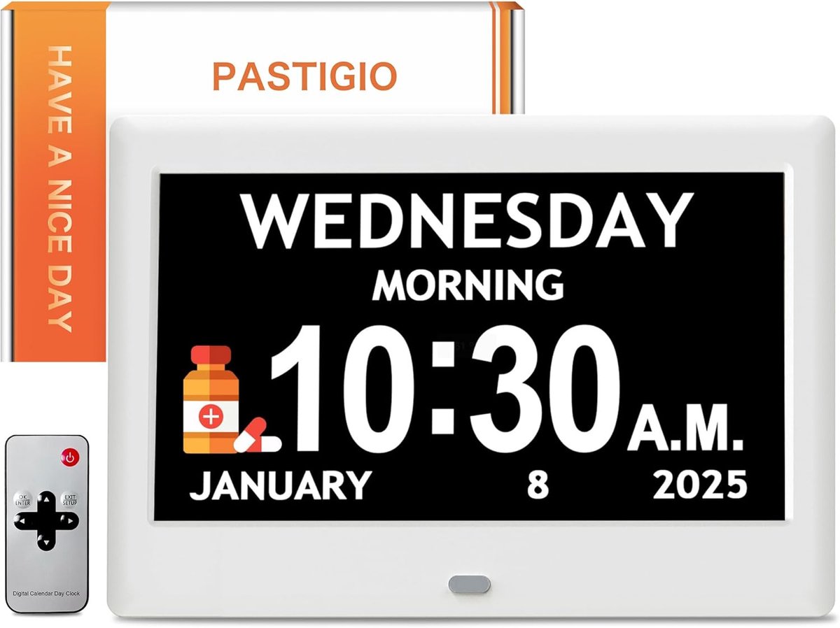 Digitale Klok - Tijdklok Datum - Ouderen Herinneren - Automatisch Dimmen - 7 Inch Display - Wit