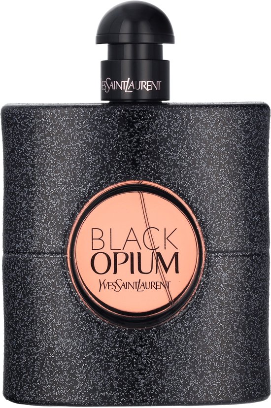 Zwarte flacon met glitterafwerking en rond koperkleurig etiket met 'BLACK OPIUM'.