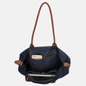 Donkerblauwe nylon tas, open met bruine leren handvatten. Binnenzakken voor telefoon en laptop.