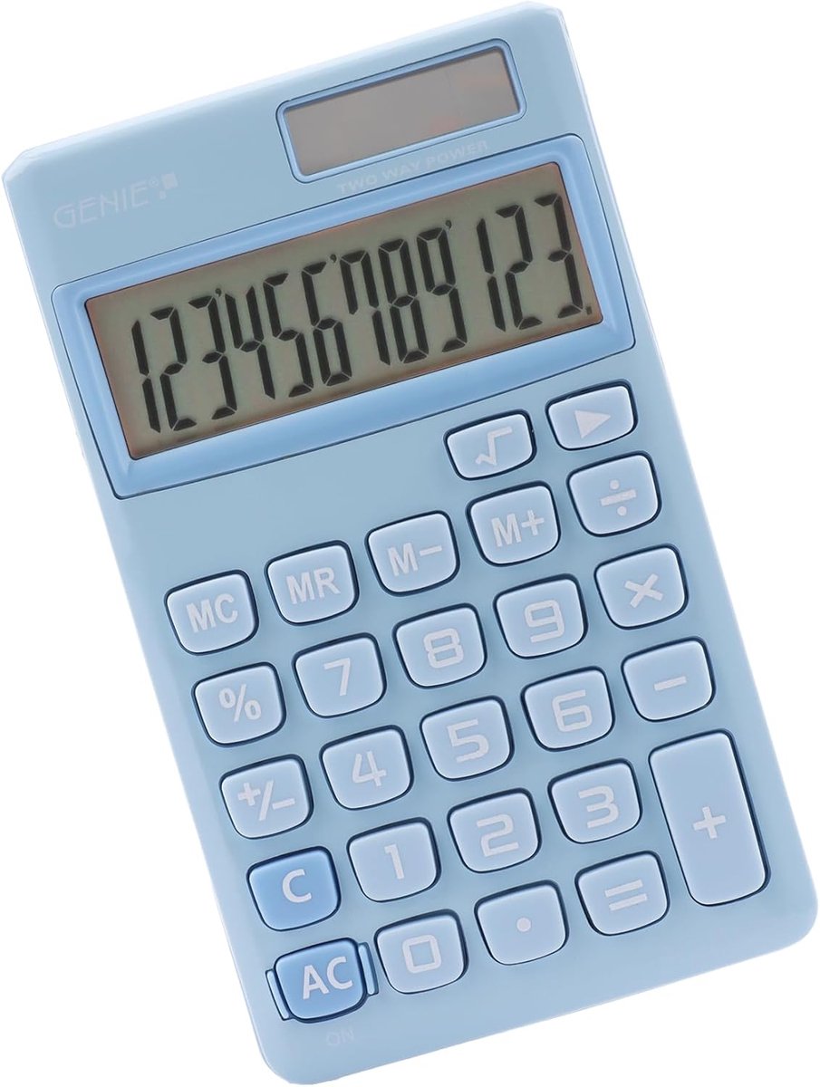 12-Cijferige Rekenmachine met Dual Power (Zonne-energie en Batterij) - Blauw