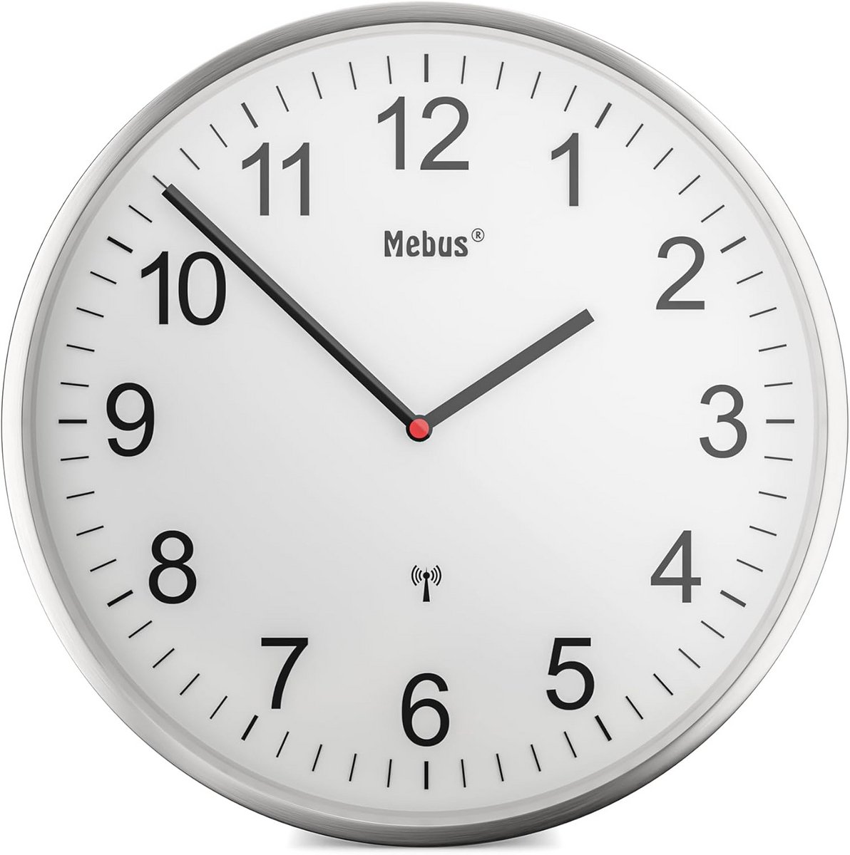 Radiogestuurde Wandklok 30 cm Stijl Stationsklok met Aluminium Frame - Zilver/Wit