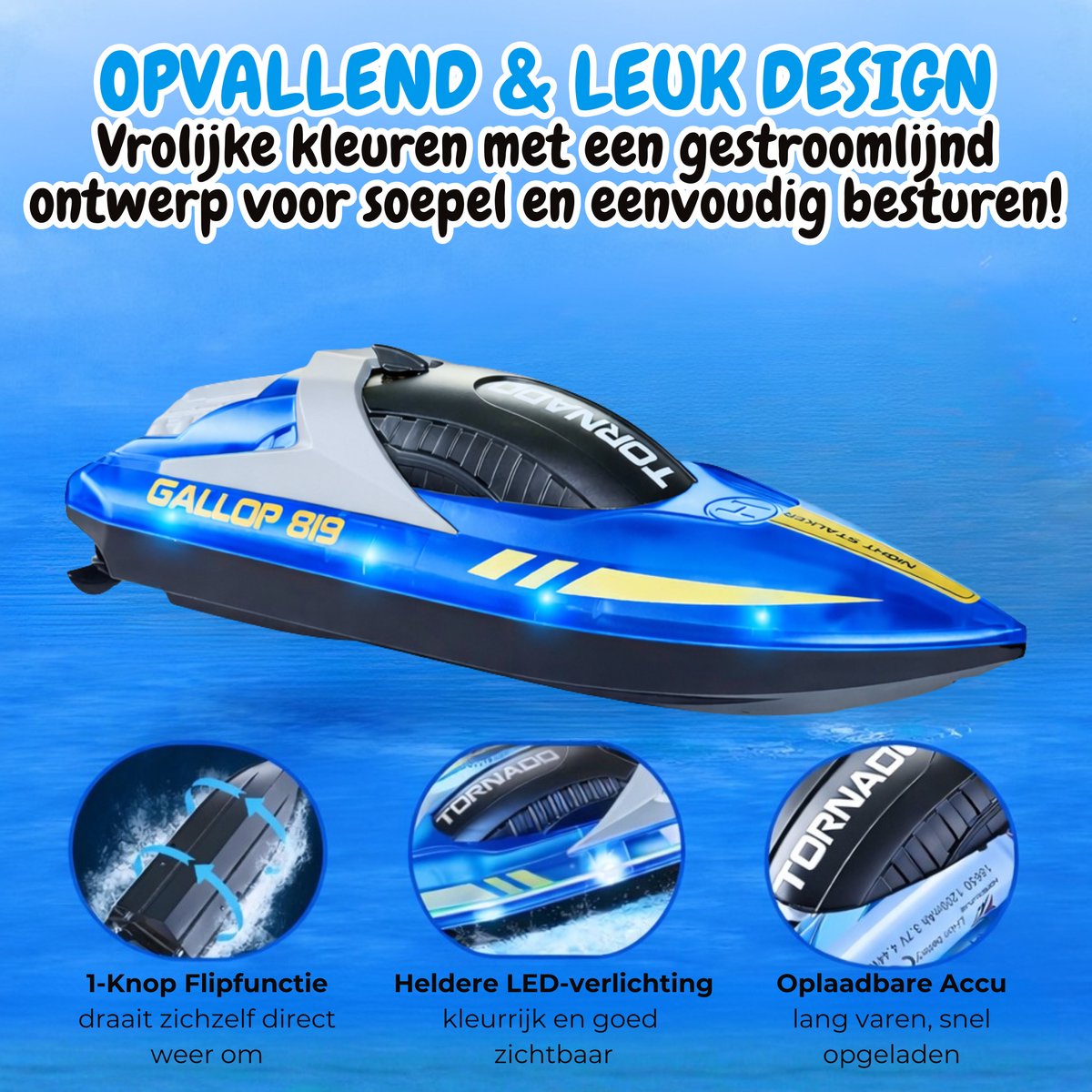 Pumpify Bestuurbare Boot – Waterspeelgoed – Met LED Verlichting – RC Boot – Snelheid Tot 15 km/h – 60m Bereik – Speelgoed Boot – Speedboot – Afstandsbestuurbare Boot - Speelgoed – 5 jaar – 6 jaar – 7 jaar – 8 jaar – 9 jaar – 10 jaar – Blauw — afbeelding 4