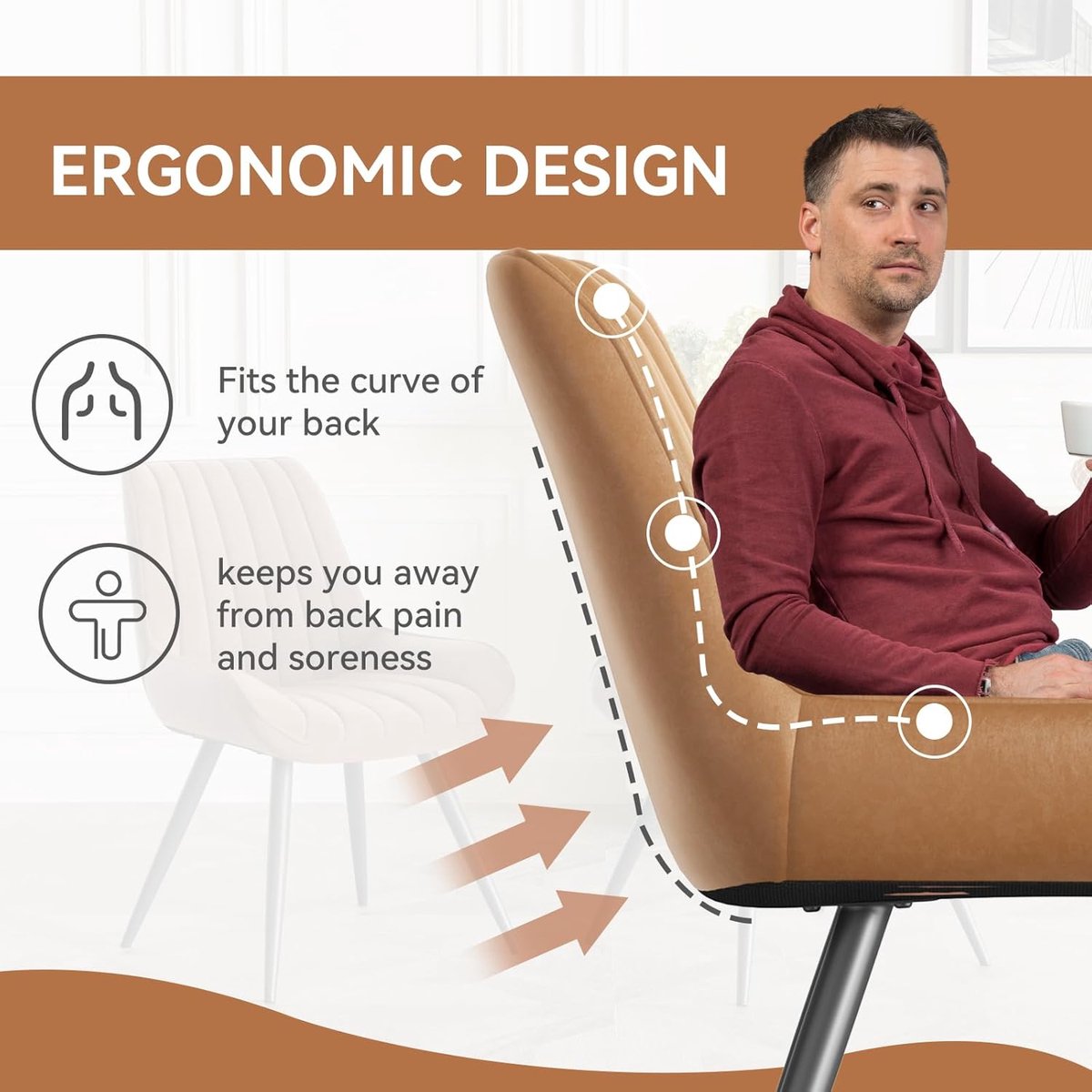 Eetkamerstoelen Set van 6 – Gestoffeerde Moderne Stoelen met Rugleuning en 10 cm Zitkussen – Bruin, Metalen Poten, 46,9 x 52 x 83,2 cm – Comfortabele Keukenstoelen voor Eetkamer en Woonkamer – Abkantoor