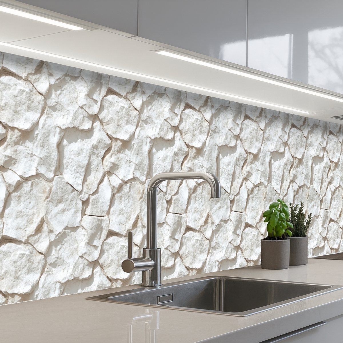 Keuken achterwand 500x80 cm - Spatscherm zelfklevend Structuur - Rots - Wit - Muurbeschermer - Spatwand fornuis
