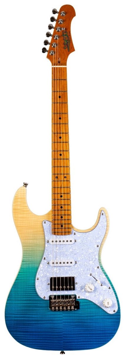 JET JS-450 TBL S-style Elektrische Gitaar HSS Tremolo Flamed Maple Top Roasted Maple Toets Transparant Blauw