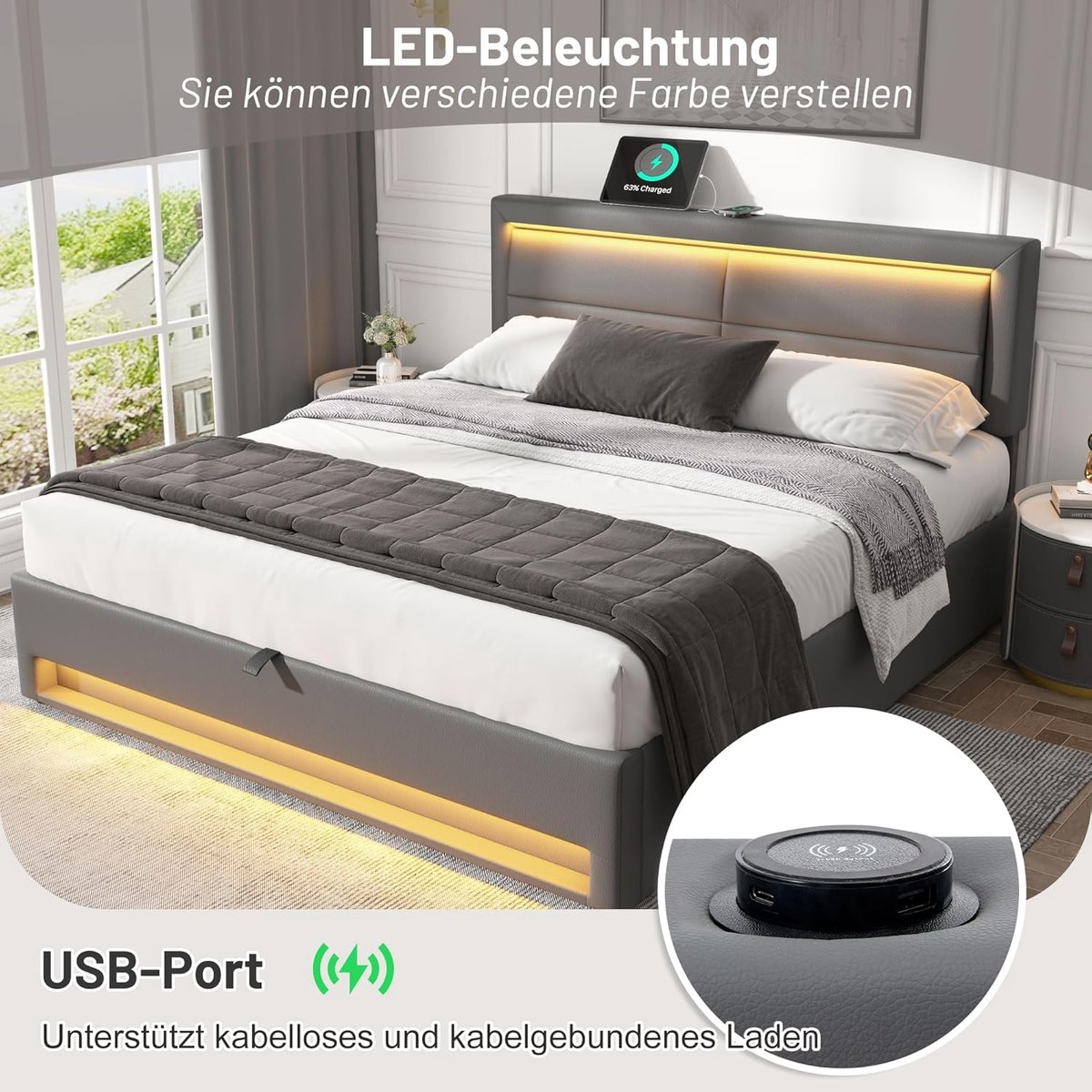 Tweepersoonsbed 160x200 cm met LED Verlichting, USB-poort en Draadloos Opladen