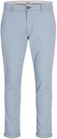 Lichtblauwe pantalon met ruitpatroon, knoop- en ritssluiting, en omgeslagen broekspijpen.