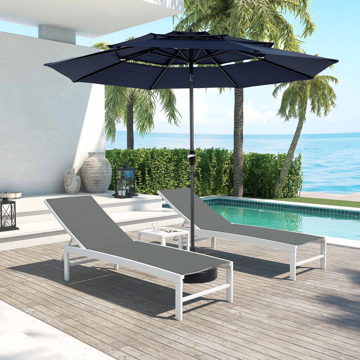 Wishdor - Dubbelzijdige Tuinparasol - Met Slinger En Kantelfunctie - Voor Tuin En Zwembad - Staal - Marineblauw - 14,8 ft