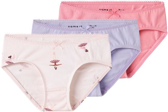 Drie Name it slips in roze, paars en lichtroze met ballerina print en strikje.