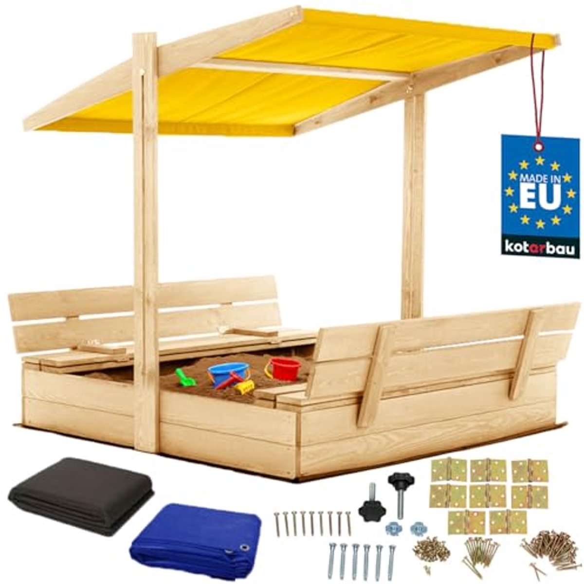 KOTARBAU® Houten Zandbak, 120 x 120 cm, Natuurlijk, Zandbak met Bankjes, met Geel Dak, en Grondzeil, voor Tuin, Buitenspeelgoed