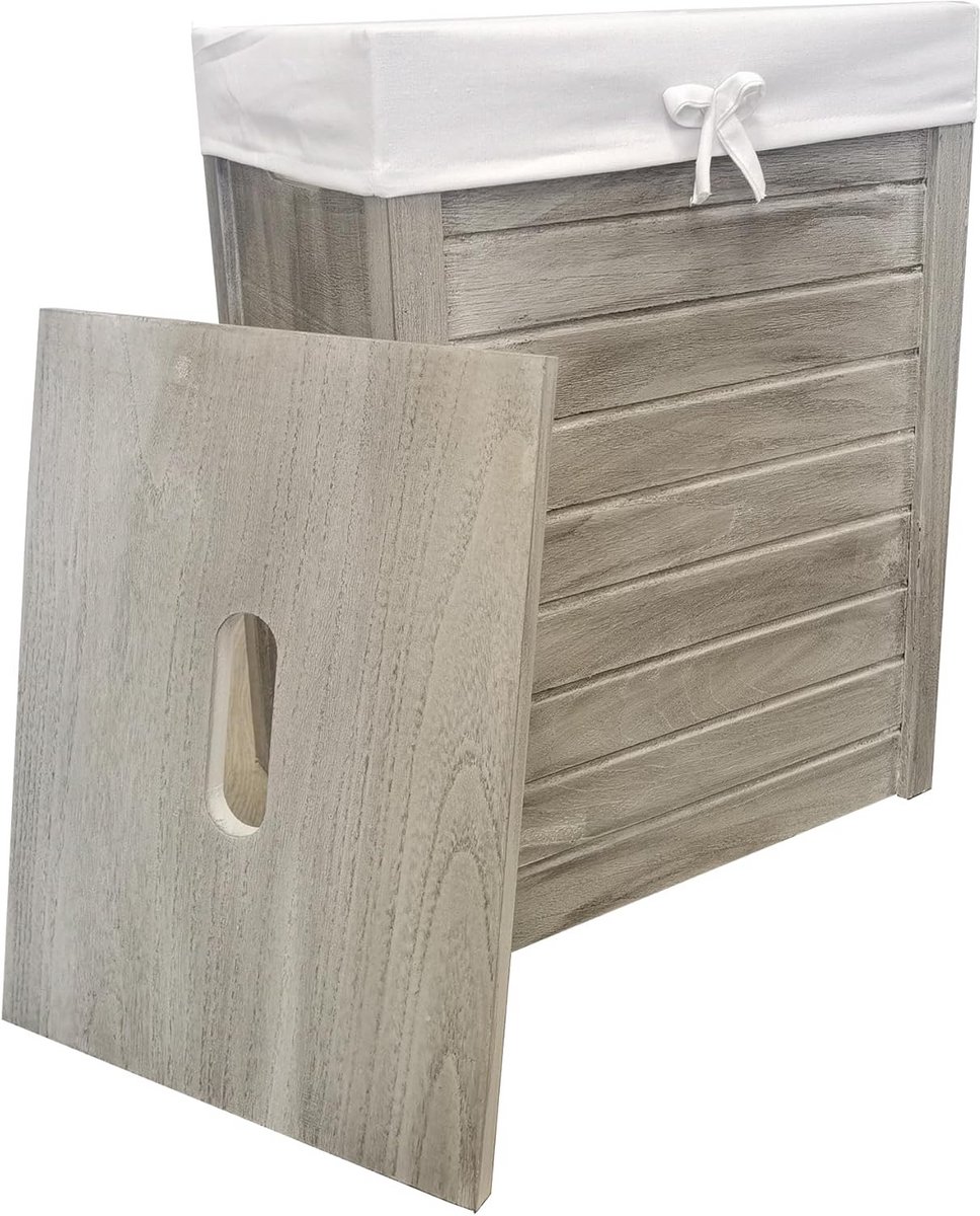 Wasmand Hout Massief Lichtgrijs met Deksel