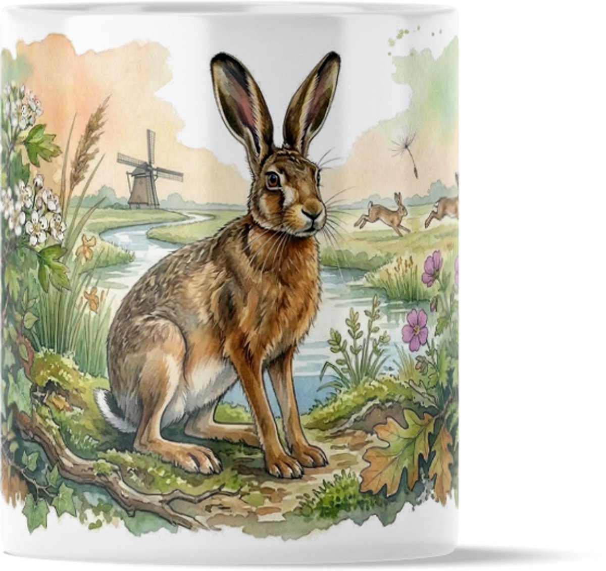 Bruine Haas in Polderlandschap met Molen "Aquarel Series" Koffiemok Theemok Dierenprint Hollandse Natuur Cadeau voor haar: Vrouw, Vriendin of Collega Geschikt voor Thuis en Kantoor Moederdag Cadeau Origineel Presentje Dieren Vriendin