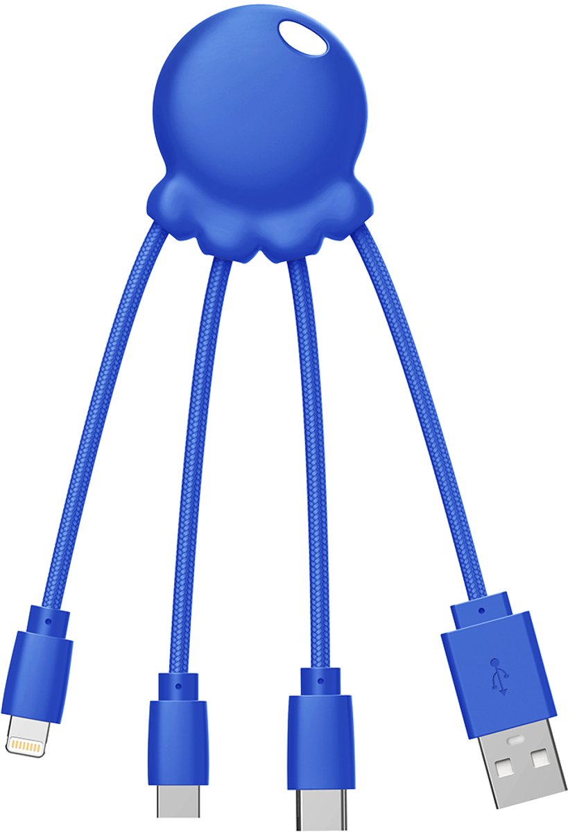 Xoopar, Octopus 3 in 1 USB A/micro USB en USB C en Lightning-kabel 0,1m, Blauw