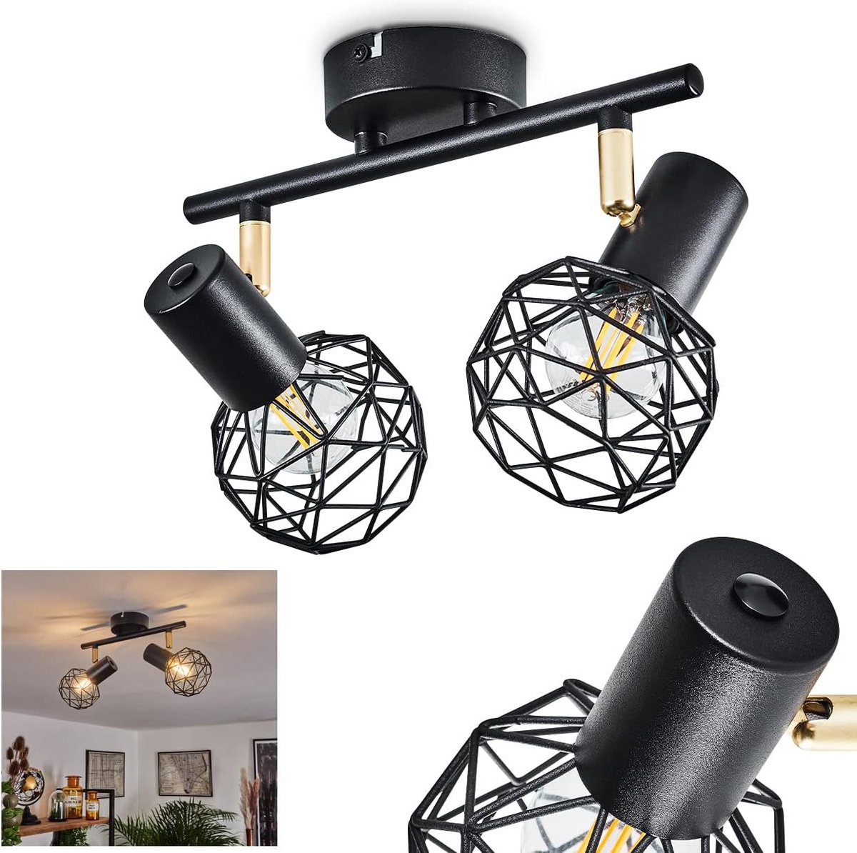 Zwarte en Gouden Plafondlamp Vintage Stijl met Draaibare Spots - Metalen Spots voor E14 Li