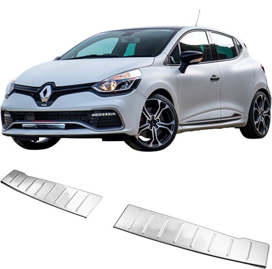 Set van twee gepolijste roestvrijstalen bumperbeschermers met ribbelpatroon, met een Renault Clio getoond.