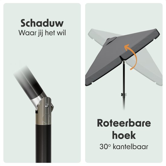 Donkergrijze parasol met kantelbare hoek van 30 graden. Kan schaduw bieden waar gewenst.