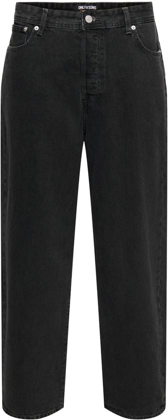 Zwarte jeans met wijde pijpen, voorkant. Merklogo 'ONLY & SONS' op de tailleband. Knoop- en ritssluiting.