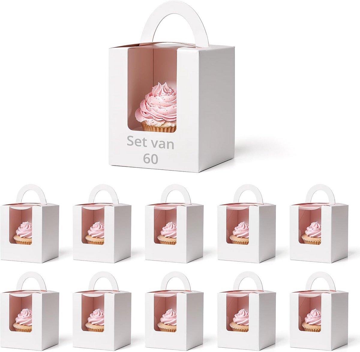 60x Individuele Cupcake Houders Wit – Luxe Cupcake Doosjes met Venster, Handvat en Inleg