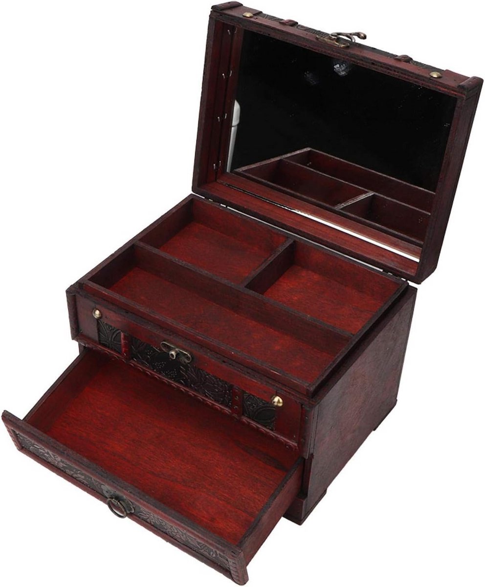 Houten Vintage Sieradendoos met Vakverdeling en Spiegel voor Kettingen en Oorbellen