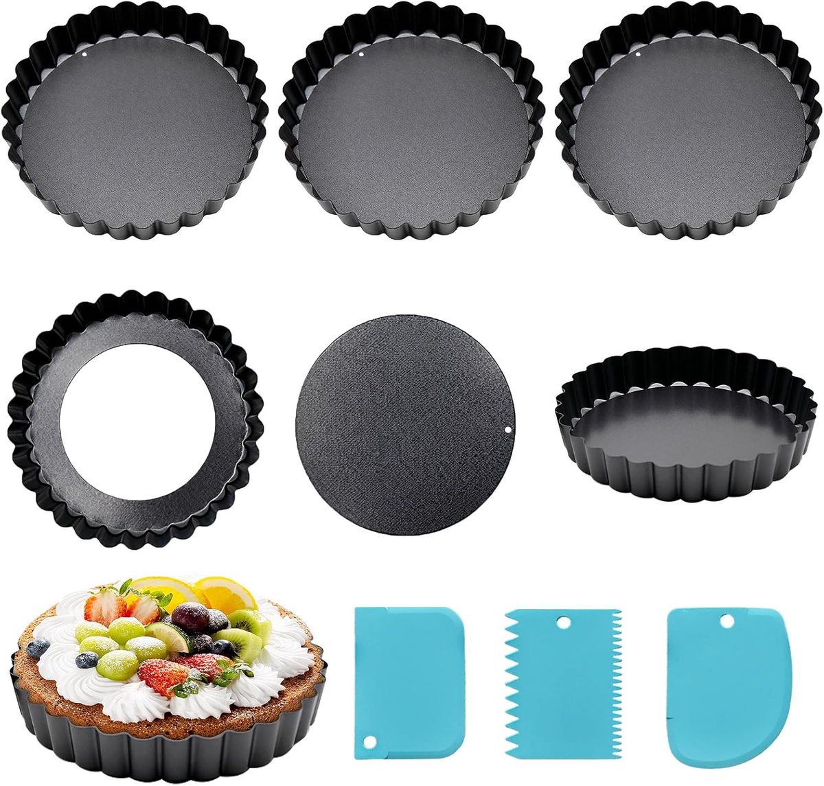 6x Mini Taartvormpjes met Hefbodem 10cm - Anti-Aanbak & Koolstofstaal + Gratis Deegschrapers
