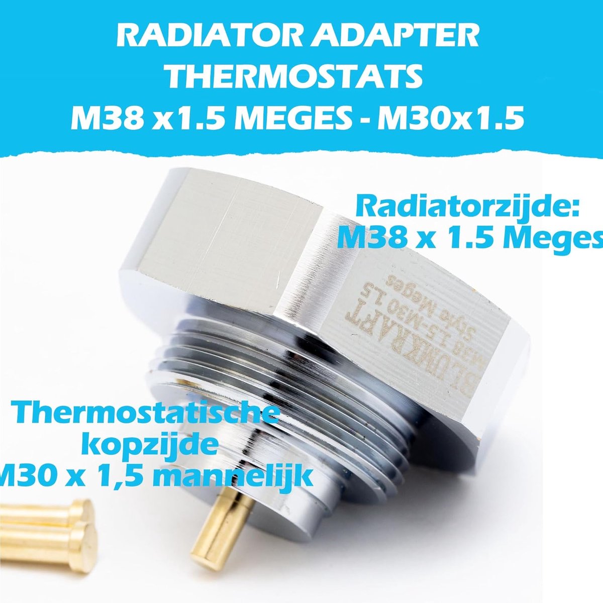 Adapter Radiatorkraan van M38x1,5 (Meges) naar Thermostaatkop M30x1,5