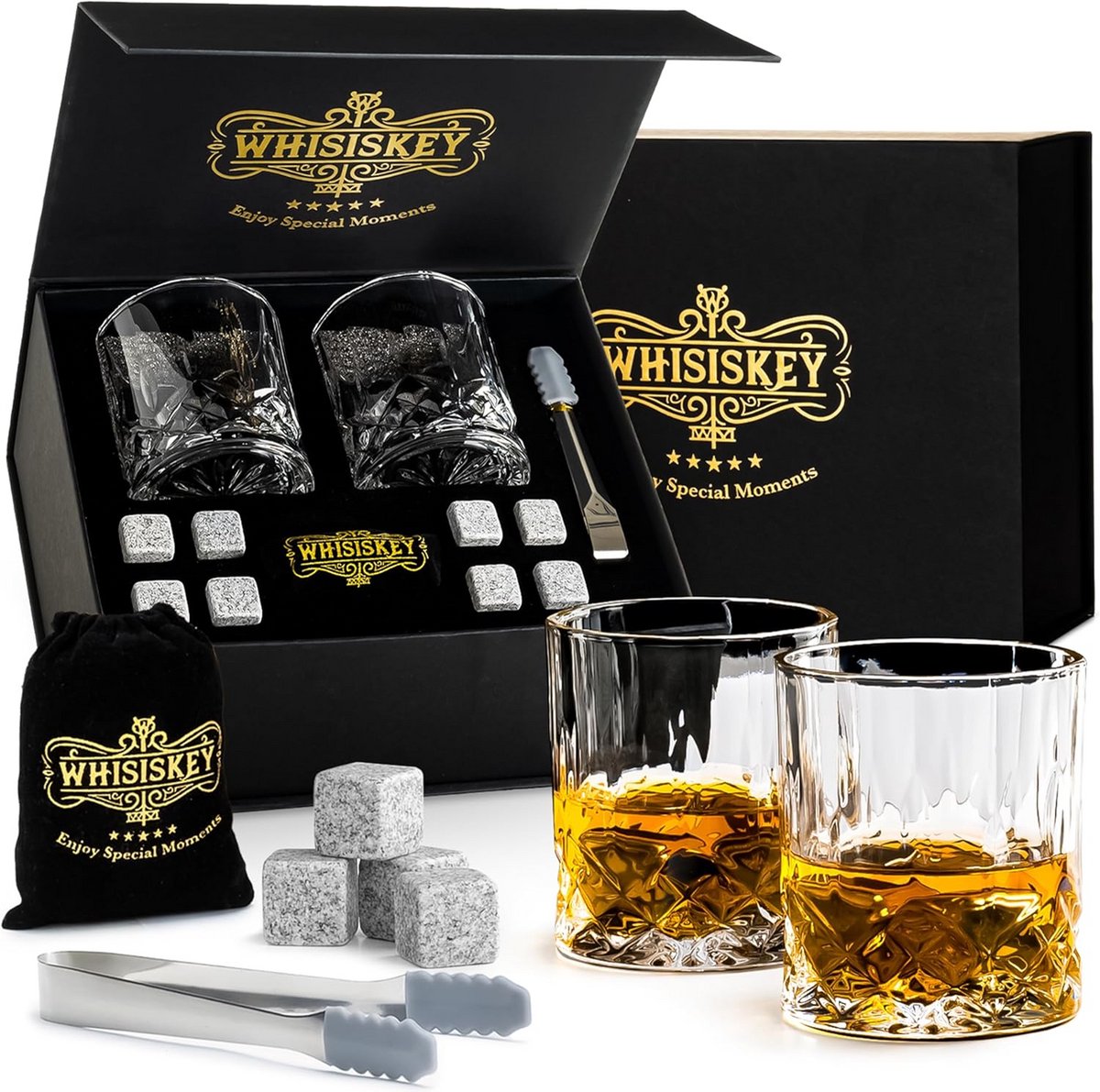 Luxe Whiskey Geschenkset met 2 Glazen, Whiskey Stenen en Onderzetters