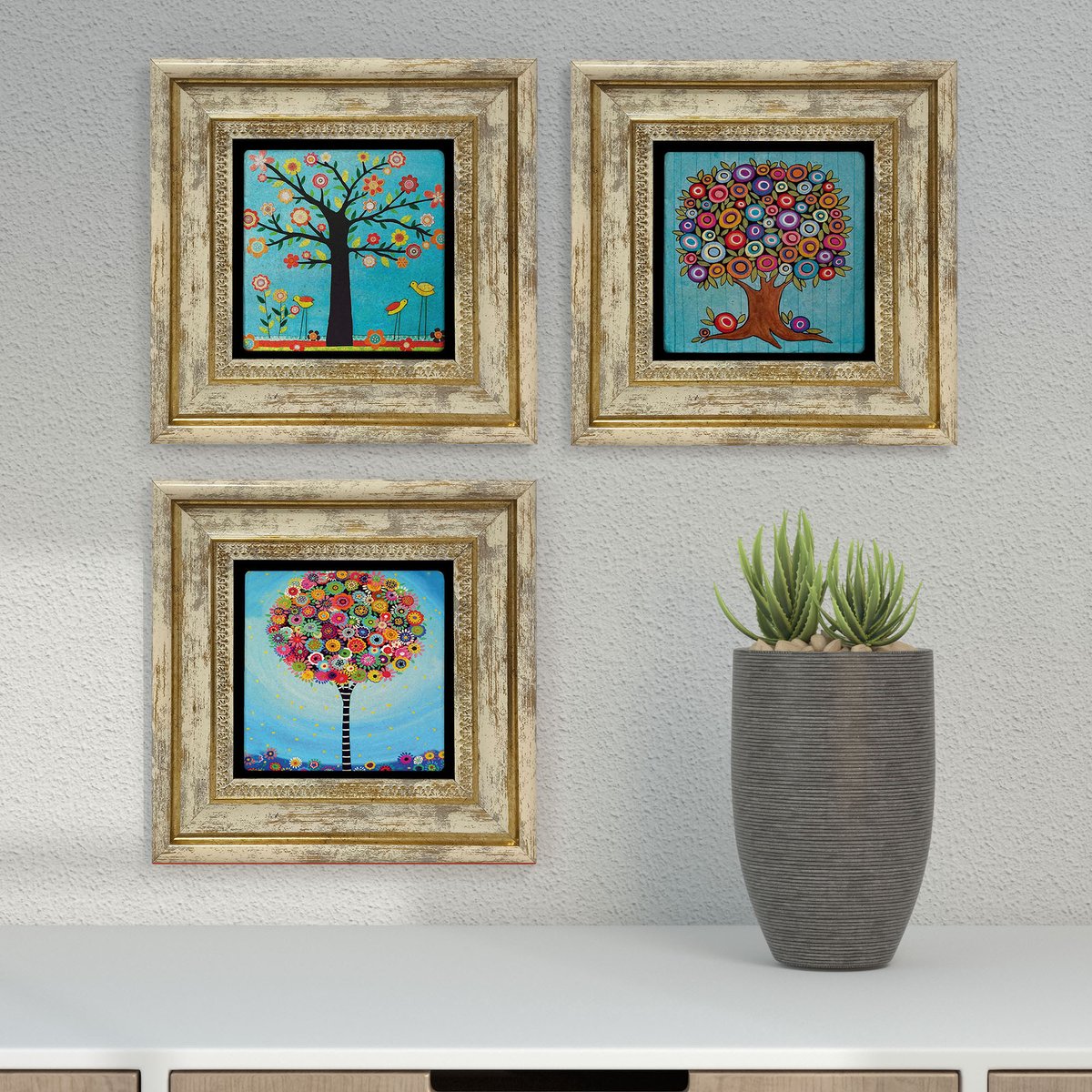 Artlijn Boho Wanddecoratie – Set van 3 Natuursteen Art Prints – Kleurrijke Bohemian Decoratie