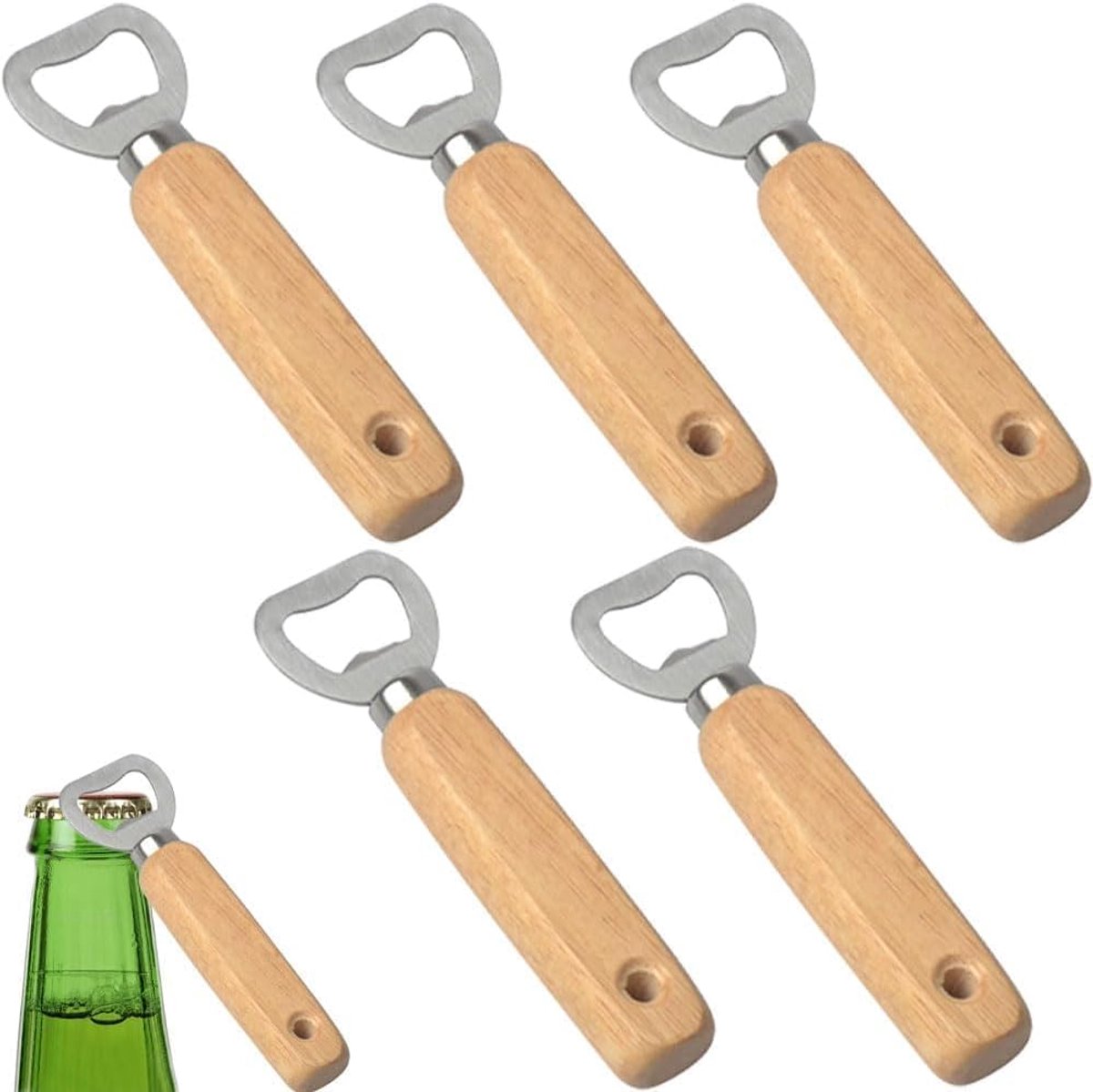Set van 5 Houten Bieropeners, Draagbaar voor Thuis, Bar en Buiten