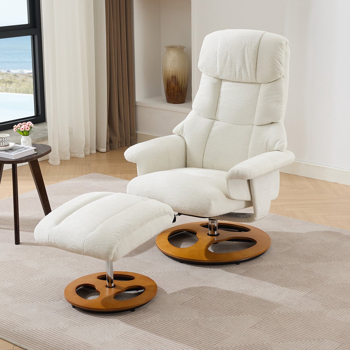 Relaxfauteuil met Massage en Verwarming - Verstelbaar met Voetenbank - 360° Draaibaar - Chenille Stof - Comfortabele Ligstoel