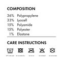 Samenstelling en onderhoudsinstructies voor Falke sokken: 36% polypropyleen, 36% lyocell, 15% polyamide, 15% polyester, 1% elastaan. Wassen op 40°C, niet in de droger, niet strijken, niet bleken, niet chemisch reinigen.
