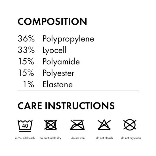 Samenstelling en onderhoudsinstructies voor Falke sokken: 36% polypropyleen, 36% lyocell, 15% polyamide, 15% polyester, 1% elastaan. Wassen op 40°C, niet in de droger, niet strijken, niet bleken, niet chemisch reinigen.