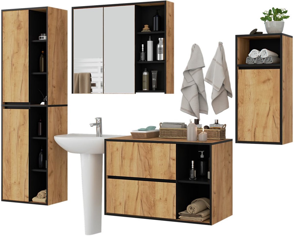 Badkamermeubelset VAMI 4-delige / hangende Badkamerkasten / 21 Planken en 2 Lades / Craft Eik - Zwart / AKORD Furniture Factory
