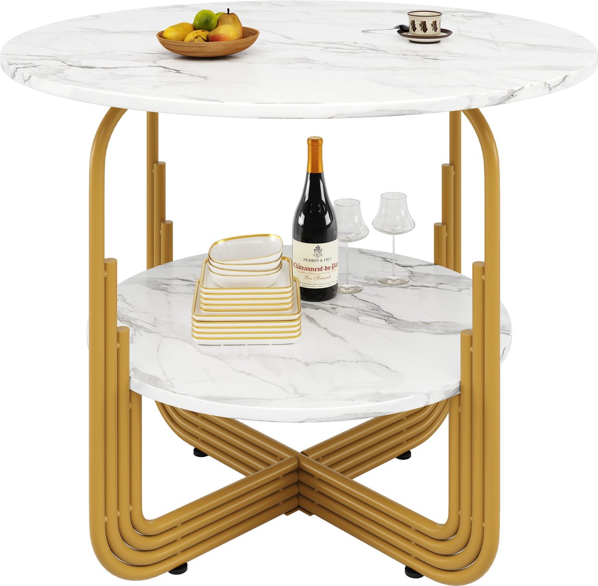 Merax Ronde Eettafel 80 x 80 x 76 cm - Marmerlook MDF Tafelblad - Goudkleurig Metalen Onderstel - Extra Rond Opbergplateau - Voor Eetkamer en Woonkamer