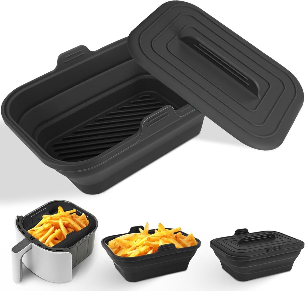 8.2 Inch Inklapbare Siliconen Air Fryer Liner Met Deksel - Airfryer Accessoires - Herbruikbaar - Voor 5.8 - 8 Qt - Zwart