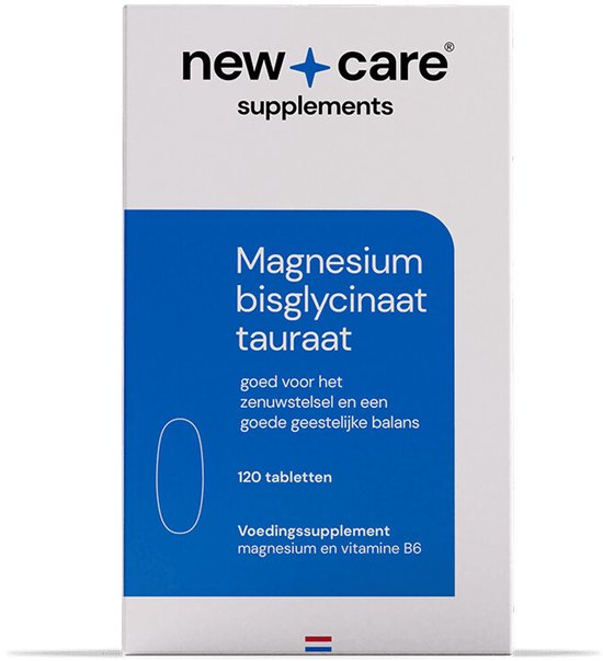 Verpakking van New Care Magnesium bisglycinaat tauraat, 120 tabletten. Blauw met witte tekst.