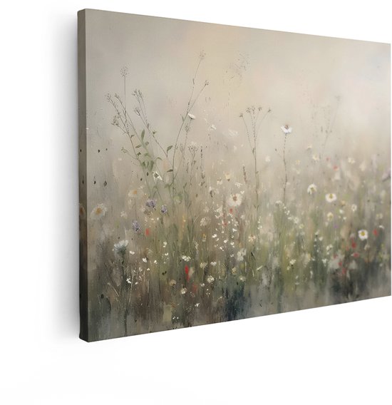 Abstract schilderij van een bloemenveld met zachte kleuren en wazige achtergrond.