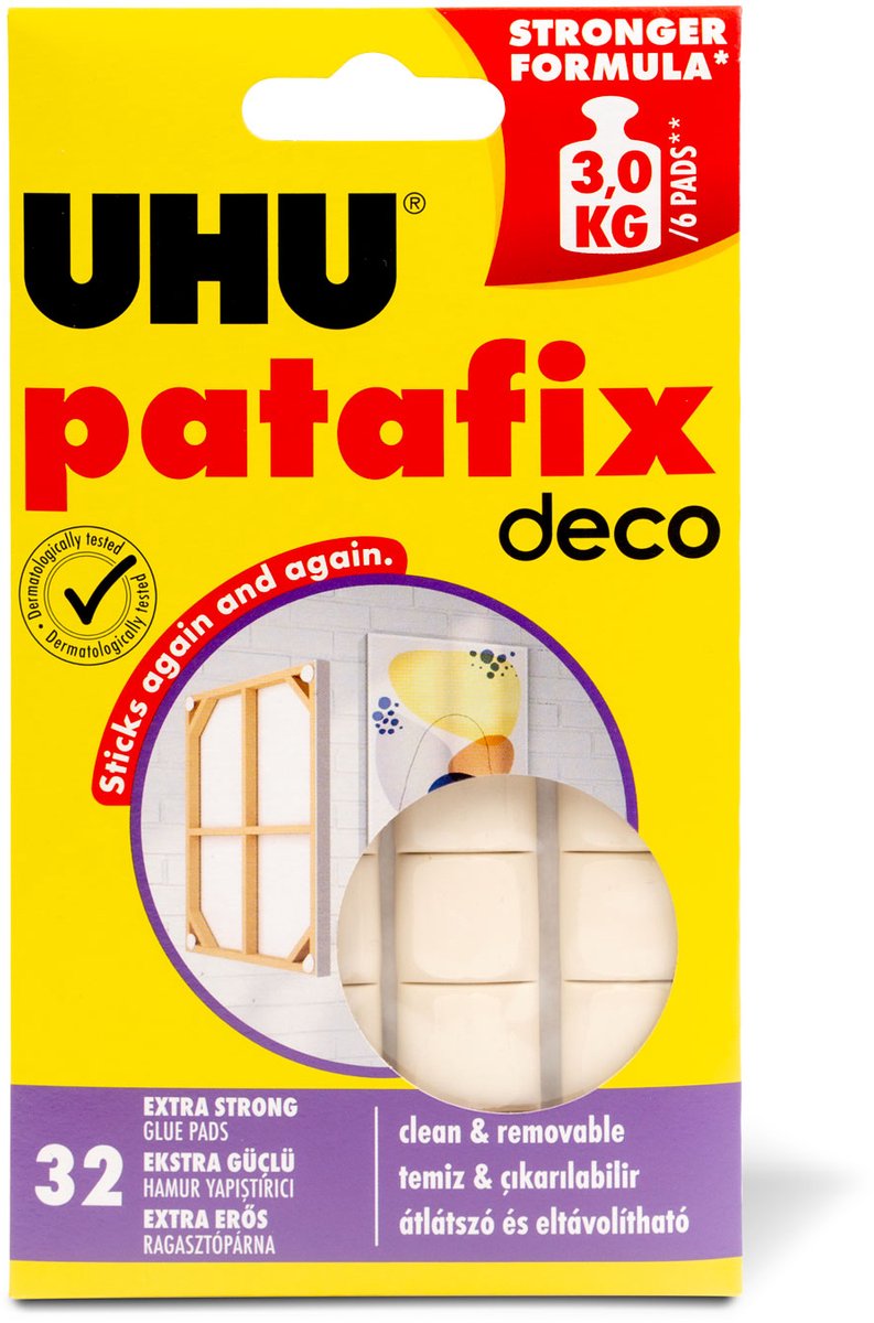 Patafix Home Deco Witte Kneedlijm – 32 Stuks per Verpakking – Herbruikbare Dubbelzijdige Plakpads tot 2 kg – Zonder Resten Verwijderbaar – Geschikt voor Kantoor, School, Huishouden en Decoratie op Gladde Oppervlakken [U40660]