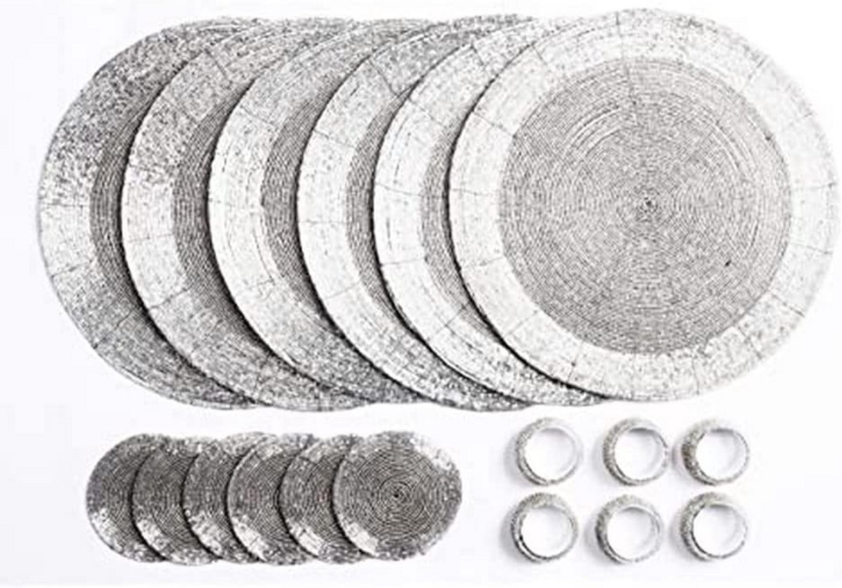 Handgemaakte Glazen Placemats, Onderzetters en Servetringen - 18-delige Set Zilver