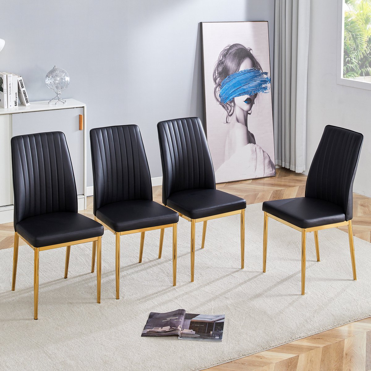 MIVRAY Eetkamerstoel Set 4 Stuks - Ergonomische Rugleuning En Comfortabele Zitting - Voor Eetkamer Keuken Woonkamer - Metaal PU Leer - Zwart Goud