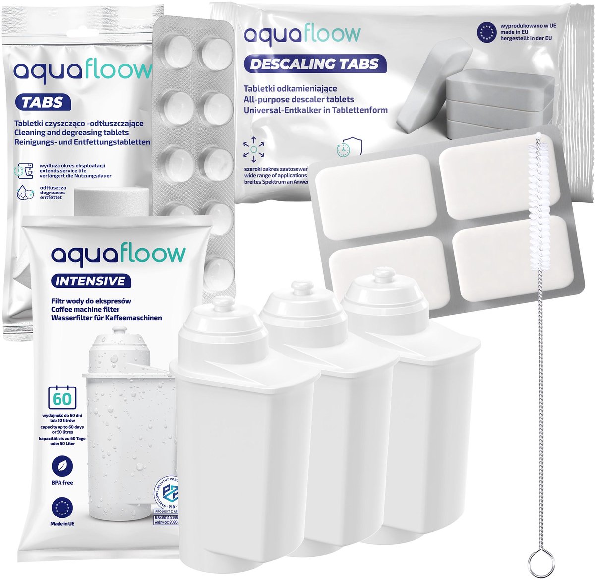 AquaFloow, set voor koffiemachines - 3x Waterfilter + Reinigingstabletten + Ontkalkingstabletten - vervanging 575491, 46787, TCZ7003, TZ700D3 - compatibel met Bosch Siemens Koffiemachines